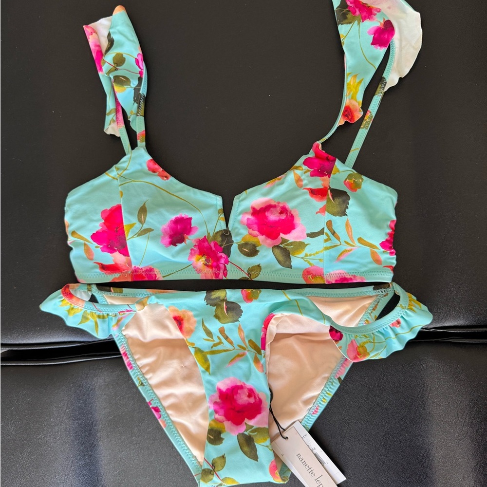 Floral Bikini Set with Pink and Green Accents
